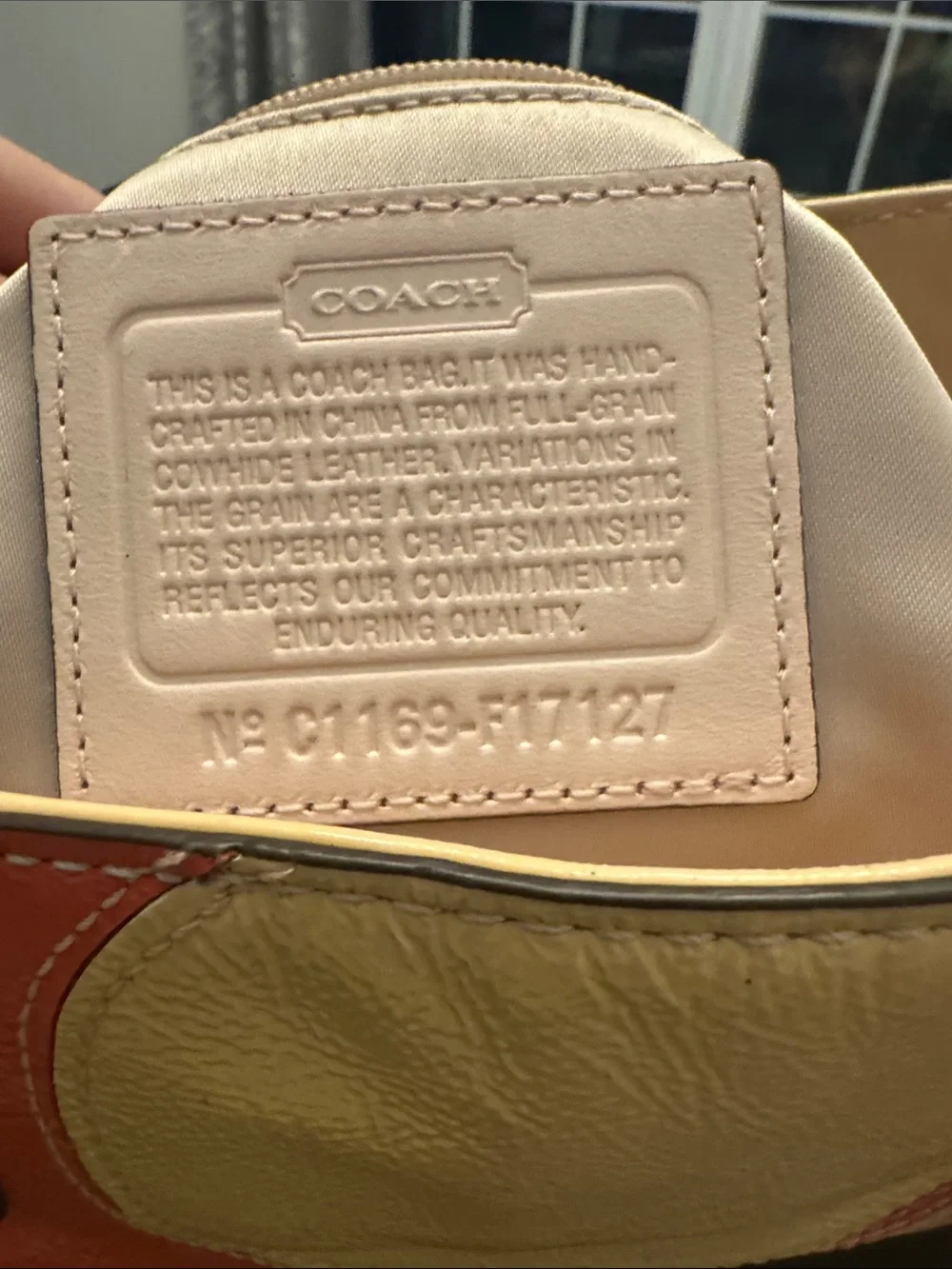 Coach Beige Leather Patchwork Tote with Coral and Tan Accents